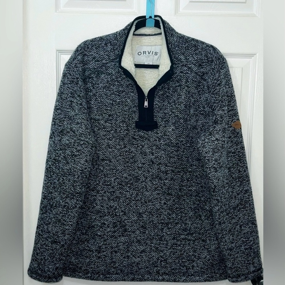 Orvis Fleece Lined Quarter Zip Pullover Knit Sweater, Size Large, Black
